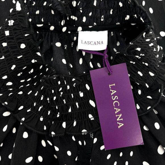 Lascana Dress Sz 14 Asymmetrical Dot Print Halter Neckline Black Sleeveless NWT - Picture 5 of 5